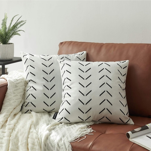 Set of 2 White Pillow Covers 18 x 18 inches Boho Aztec Polyester Blend Square - Picture 1 of 3